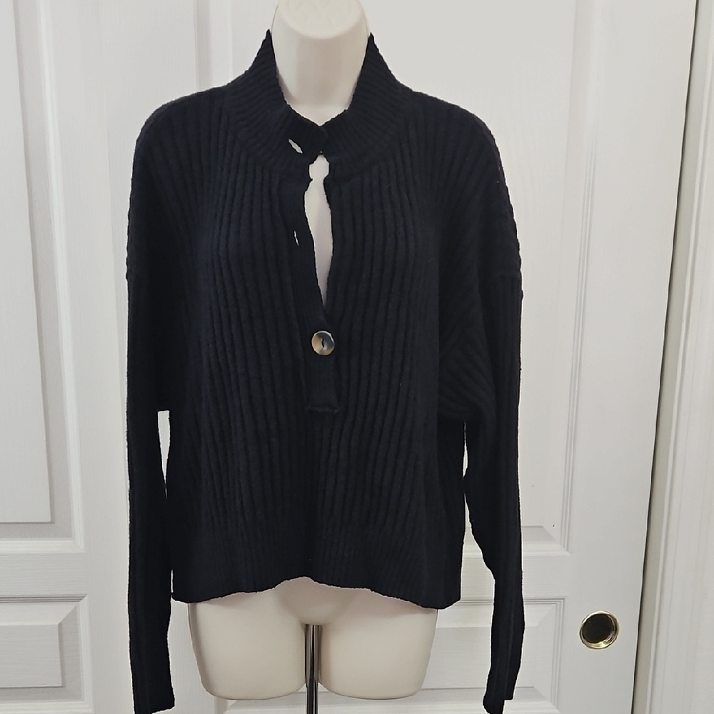 Free People | Cocoa Henley Ribbed Half Button Sweater Black Cotton Blend Size S